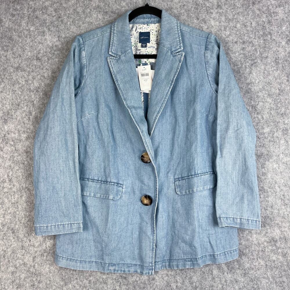 J. Jill Denim‎ Blazer Jacket Womens XSP Blue Cotton Linen Light Wash Preppy NWT
